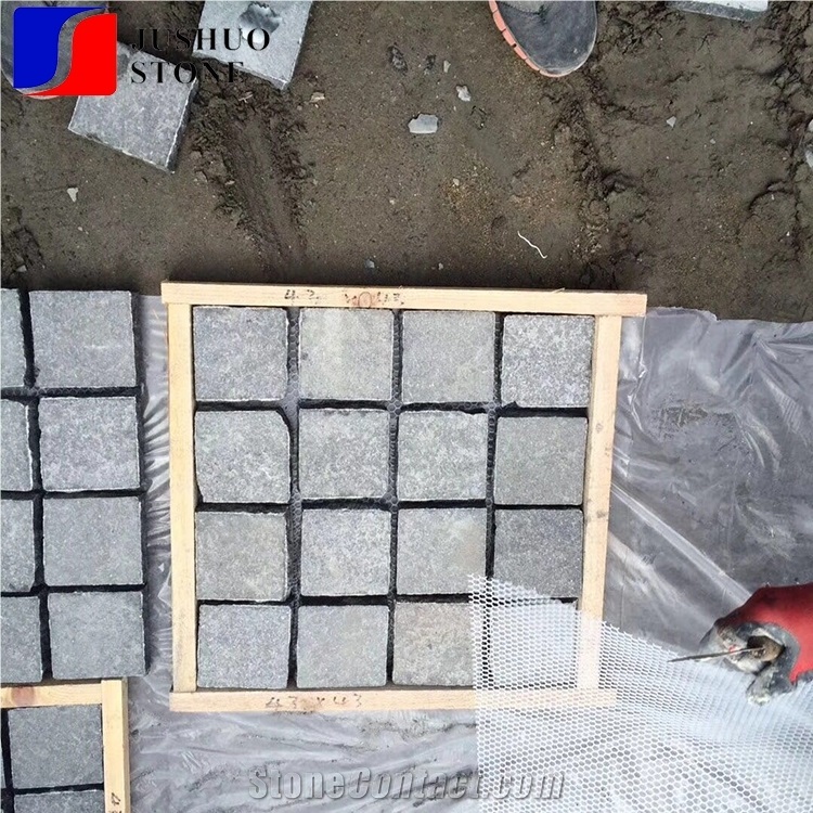 Natural Flamed Pearl Black G684 Mesh Cube Stone Setts Cobble