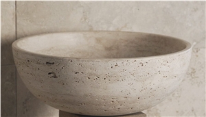 Beige Travertine Anique Sink Bathroom Round Wash Basin
