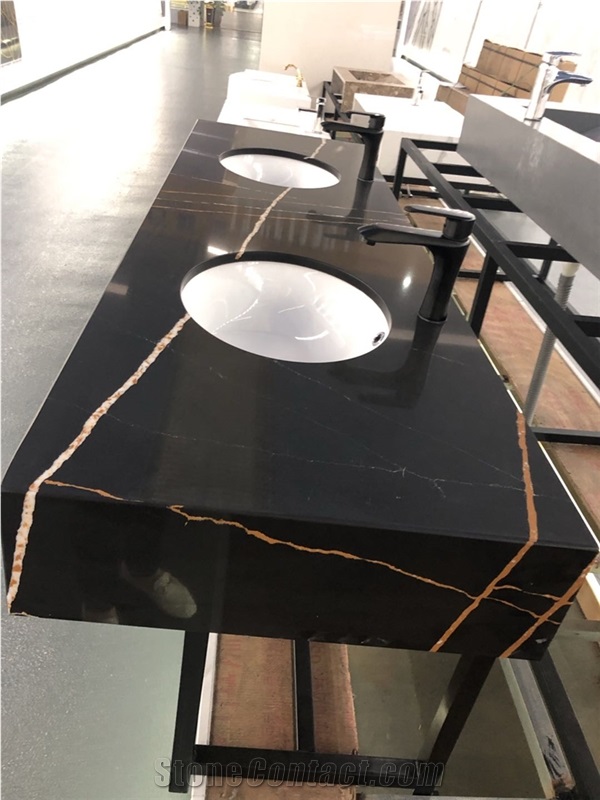 Luxurious Artificial Stone Gold Vein Black Quartz Vanity Top
