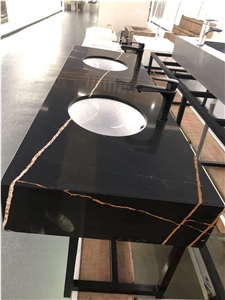 Luxurious Artificial Stone Gold Vein Black Quartz Vanity Top