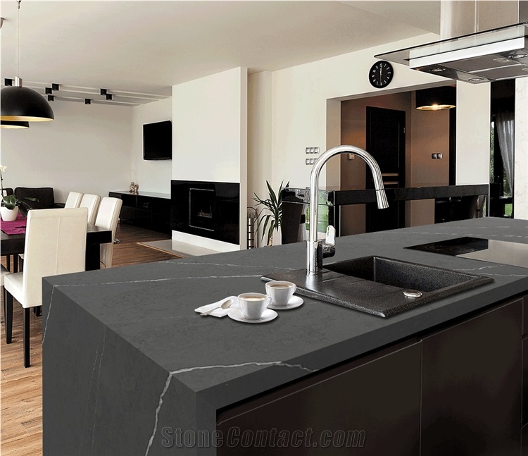 White Veins Grey Artificial Stone Quartz Kitchen Countertops
