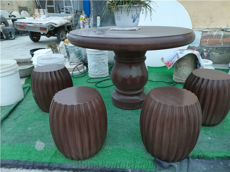 China Dark Brown Wood Marble Table Set Stone Bench