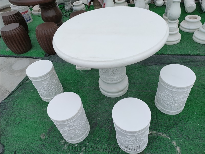 Good White Marble Stone Outdoor Furniture Table Set