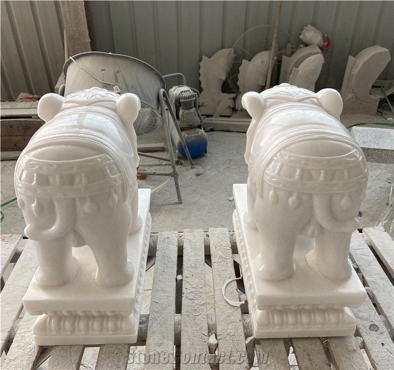 Pure White Jade Marble Animal Elephant Sculpture Carving