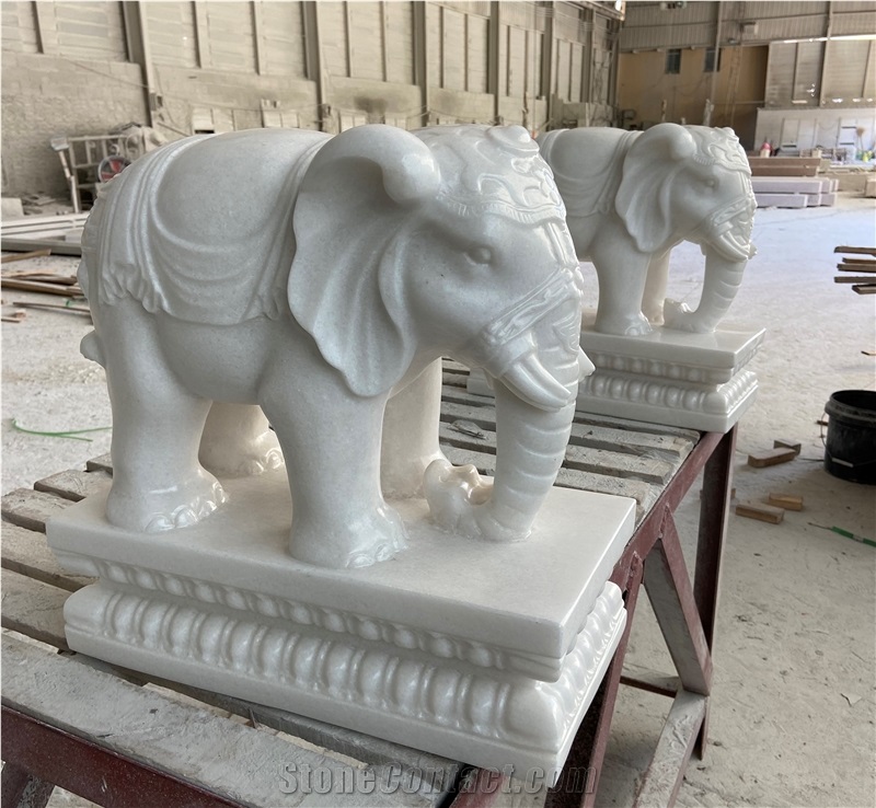 Pure White Jade Marble Animal Elephant Sculpture Carving