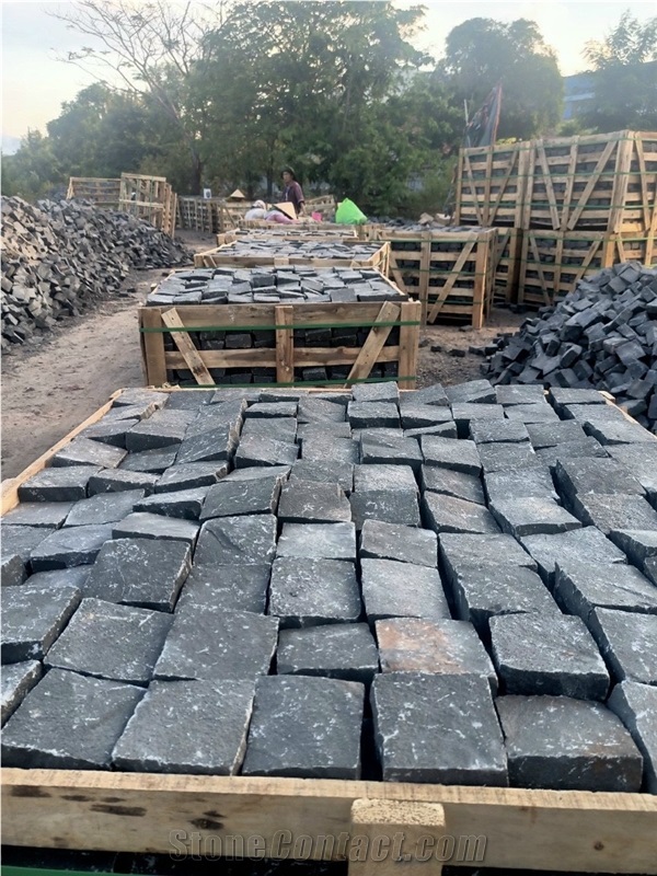 Flamed, Mushroom, Handmade Black Basalt Paving Stone 