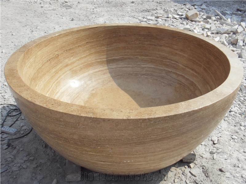 Design Round Stone Bath Tubs Beige Travertine Hotel Bathtub