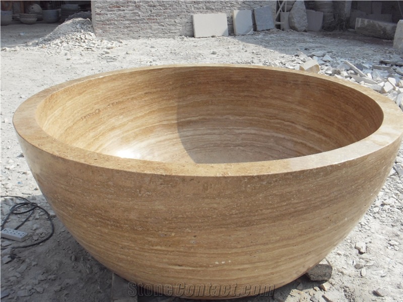 Design Round Stone Bath Tubs Beige Travertine Hotel Bathtub