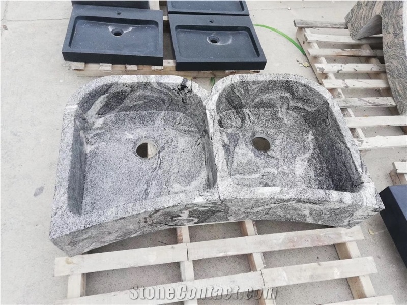 Granite Kitchen Round Wash Basin Juparana Grey Double Sinks
