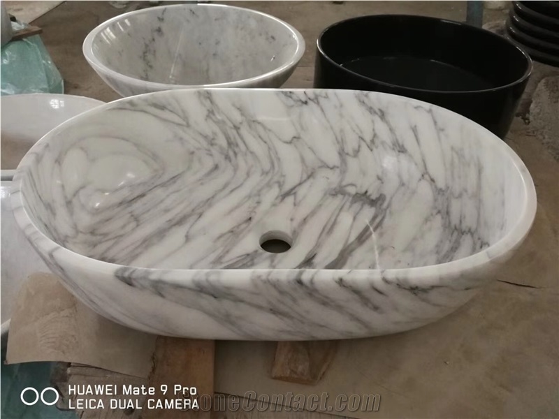 Marble Bathroom Vessel Sink Carrara Farm Oval Wash Basin