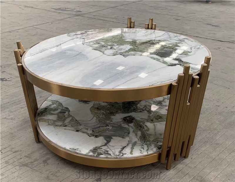 Marble Stone Furniture Corner Ice Jade Cafe Table Brass Band