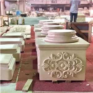 Beige Marble Column Base With Relief