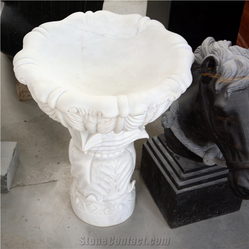 White Marble Basin With Carving