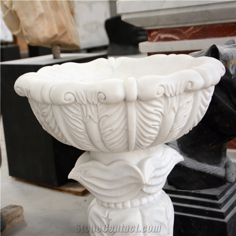 White Marble Basin With Carving