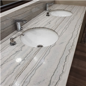 White Macaubas Quartzite In A Commercial Bathroom