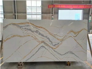 Cuarzo Golden Calacatta White Quartz Slabs For Countertops