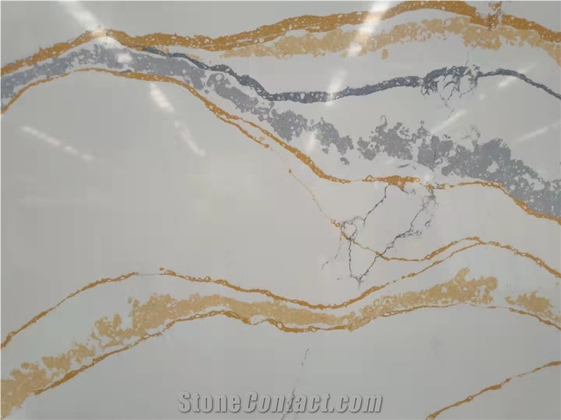 Cuarzo Golden Calacatta White Quartz Slabs For Countertops