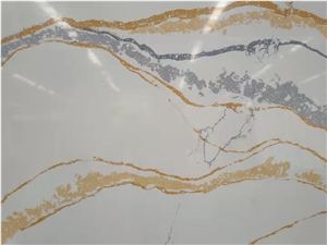 Cuarzo Golden Calacatta White Quartz Slabs For Countertops