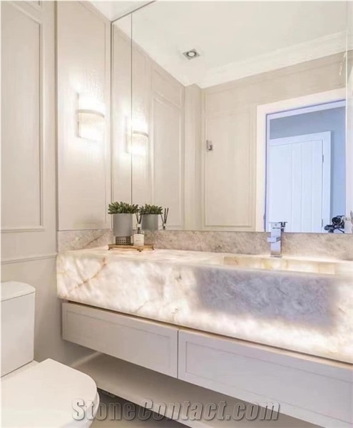 Crystal White Quartzite Slab Tiles Bar Table Backlit 