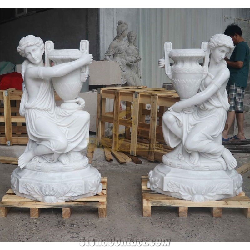 A Grade White Marble Hand Carving Flower Pot Landscaping