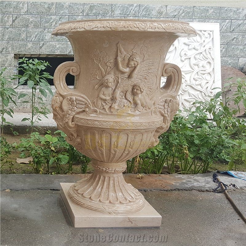 Beige Marble Garden Pedestal Planter Vase, Landscaping Pot