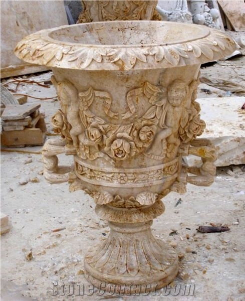 Beige Marble Garden Pedestal Planter Vase, Landscaping Pot