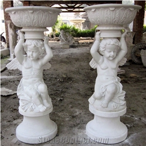 Bianco Carrara Marble Wine Shaped Angel Hand Carved Planter