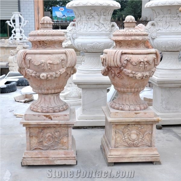 Burdur Beige Marble Villa Garden Sculptured Flower Pot