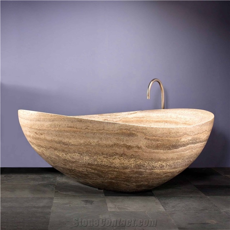 Classic Light Vein Cut Travertine Waved Bathtub