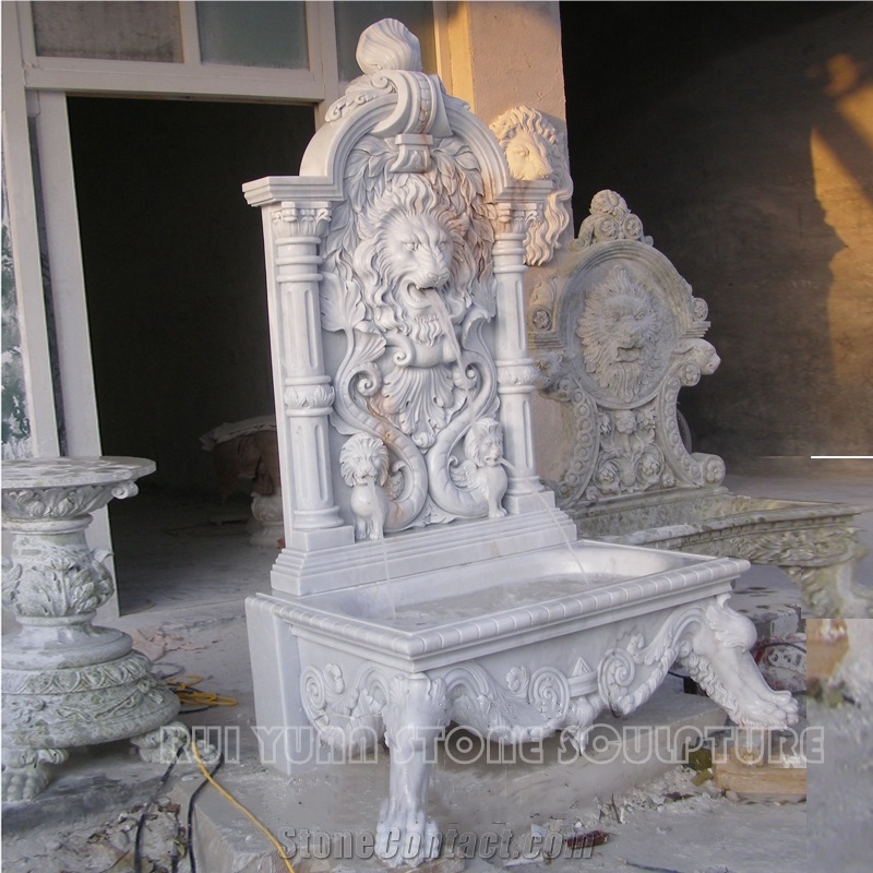Factory Seller Bianco Carrara Lion Head Wall Mounted Fountain