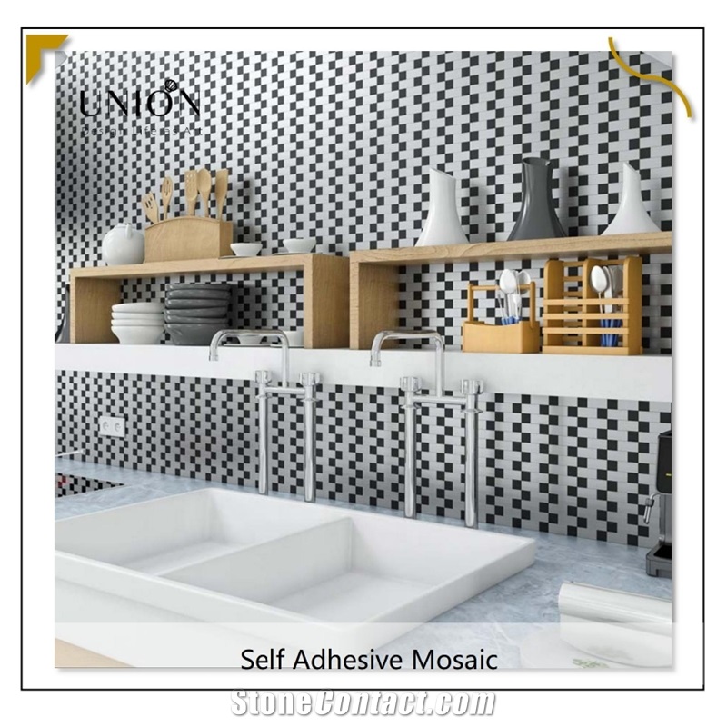 Black Mixed White Peel And Stick Backsplash Mosaic Tile For Kitchen