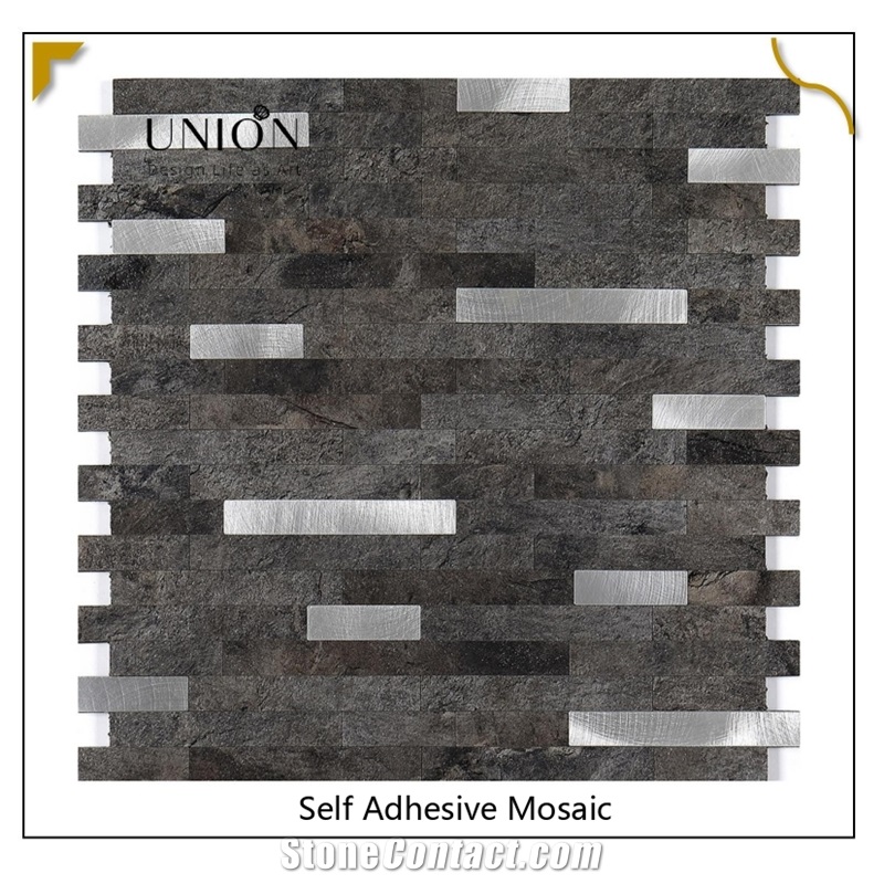 PVC Rusty Sliver Black Backsplash Artificial Stone Mosaic Tile Peel And Stick