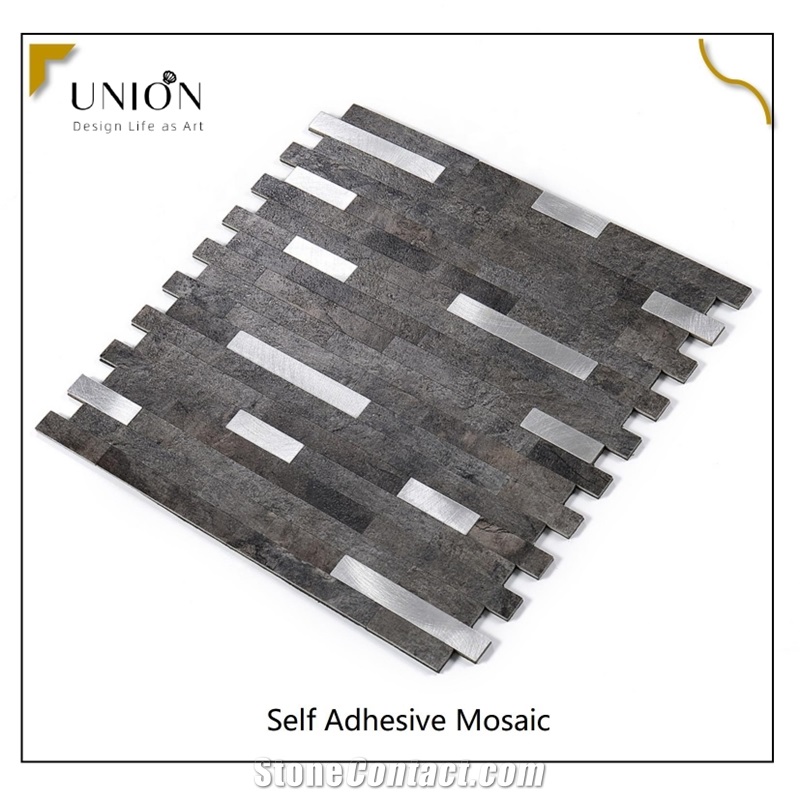 PVC Rusty Sliver Black Backsplash Artificial Stone Mosaic Tile Peel And Stick