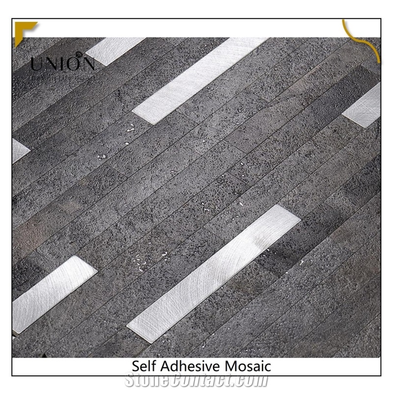 PVC Rusty Sliver Black Backsplash Artificial Stone Mosaic Tile Peel And Stick