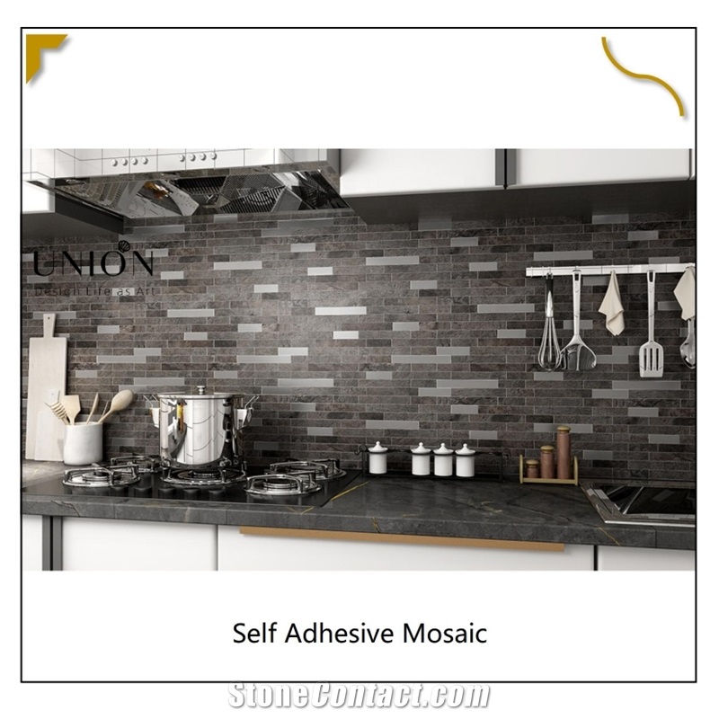 PVC Rusty Sliver Black Backsplash Artificial Stone Mosaic Tile Peel And Stick