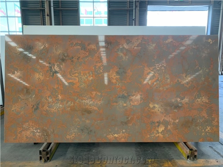 Beige Artificial Quartz  Slab Rusty Yellow Quartz Stone Slab