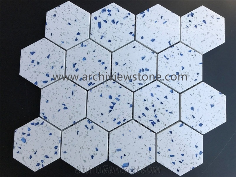 New Design White Terrazzo With Blue Grains Slab Tile
