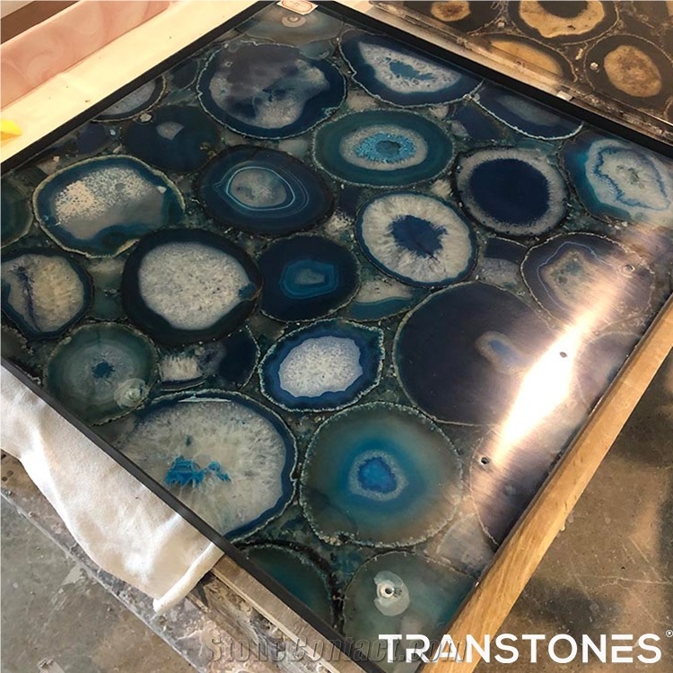 Backlit Crystal Blue Agate Stone Panel Table Top