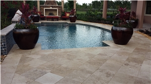 Dark Mix Travertine Tumbled French Pattern Pool Coping, Pool Pavers