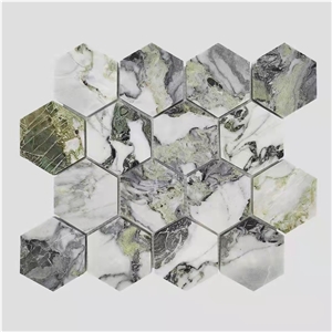 Basketweave Green White Marble Mosaic Tiles