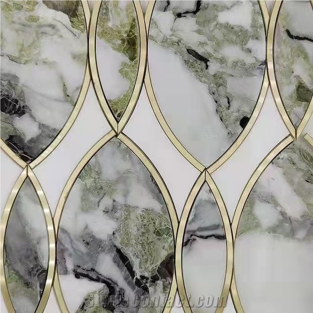 Basketweave Green White Marble Mosaic Tiles