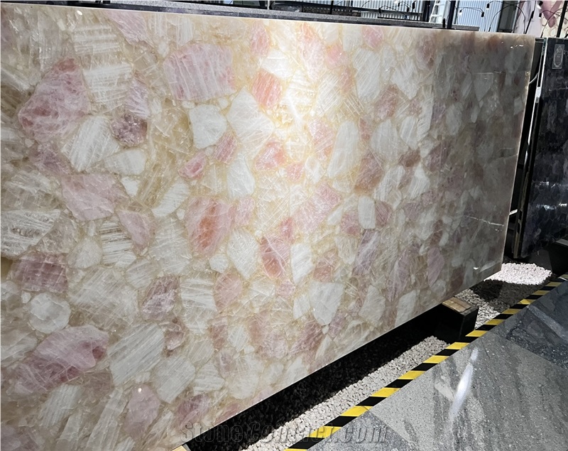 Pink & White Quartz Semiprecious Slabs For Countertop