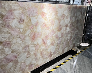 Pink & White Quartz Semiprecious Slabs For Countertop