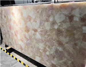 Pink & White Quartz Semiprecious Slabs For Countertop
