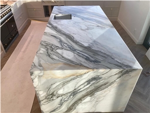 Marble Waterfall Bookmatch Calacatta Gold Island Bench Top Marble Waterfall Bookmatch Calacatta Gold Island Bench Top