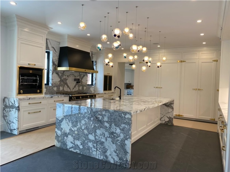 Marble Waterfall Kitchen Island Tops Invisible Grey Bar Top