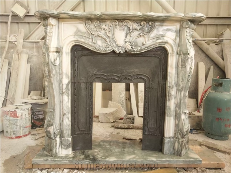 Sculptured Stone Antique Fireplace Traditonal Marble Mantel