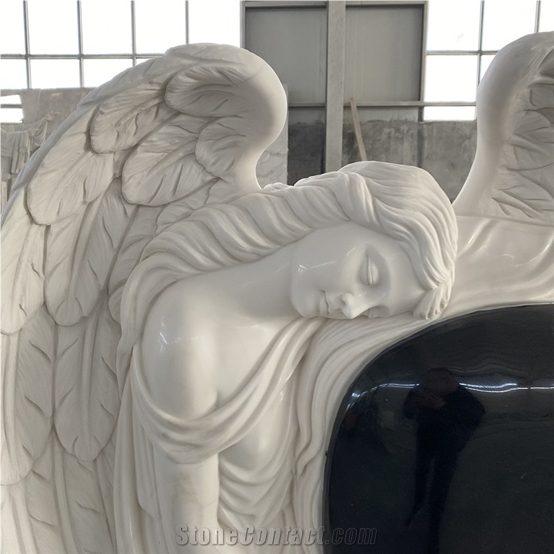 Angel Holding Heart Hand Carved White Marble Headstone