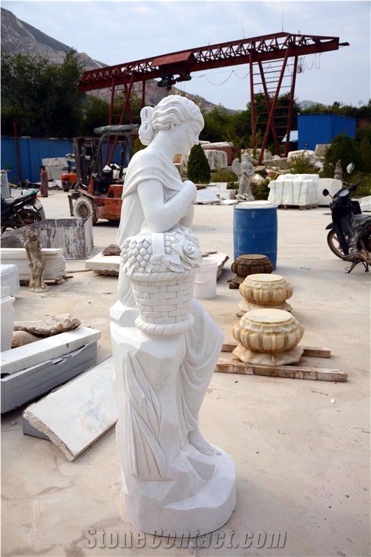 Modern Girl Sculpture With Flower Basket In White Marble