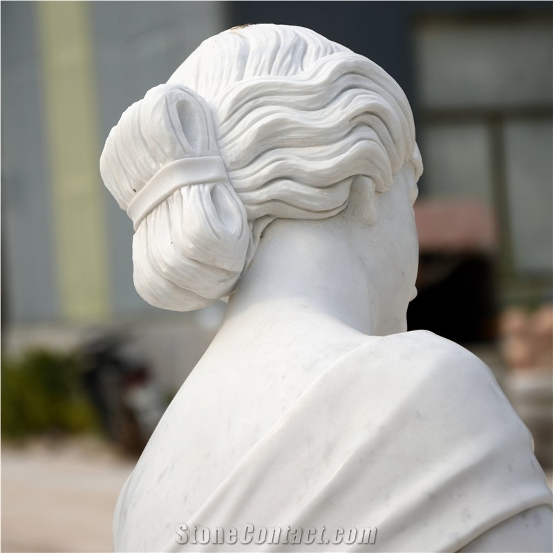 Modern Girl Sculpture With Flower Basket In White Marble